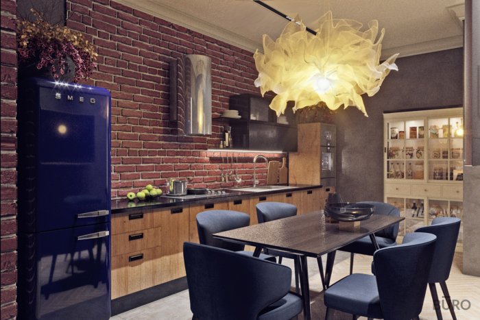 Синяя кухня в интерьере лофт