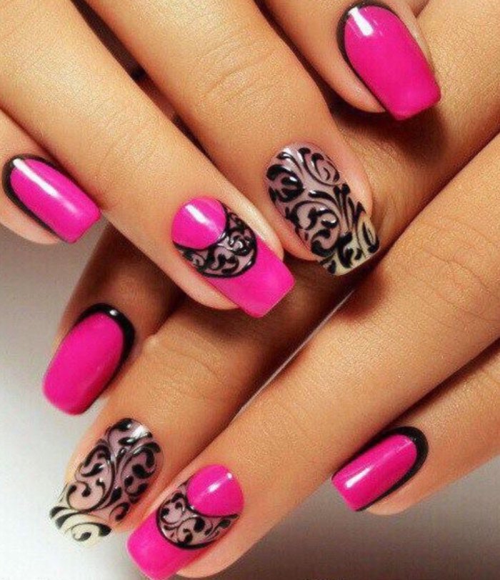 Маникюр малиновый с черным