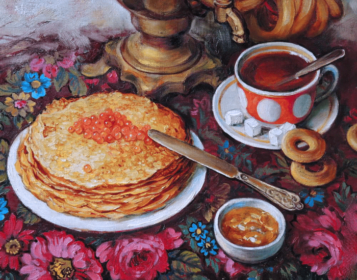 Натюрморт с самоваром и блинами