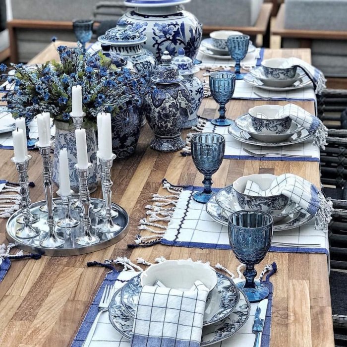 Синяя посуда сервировка